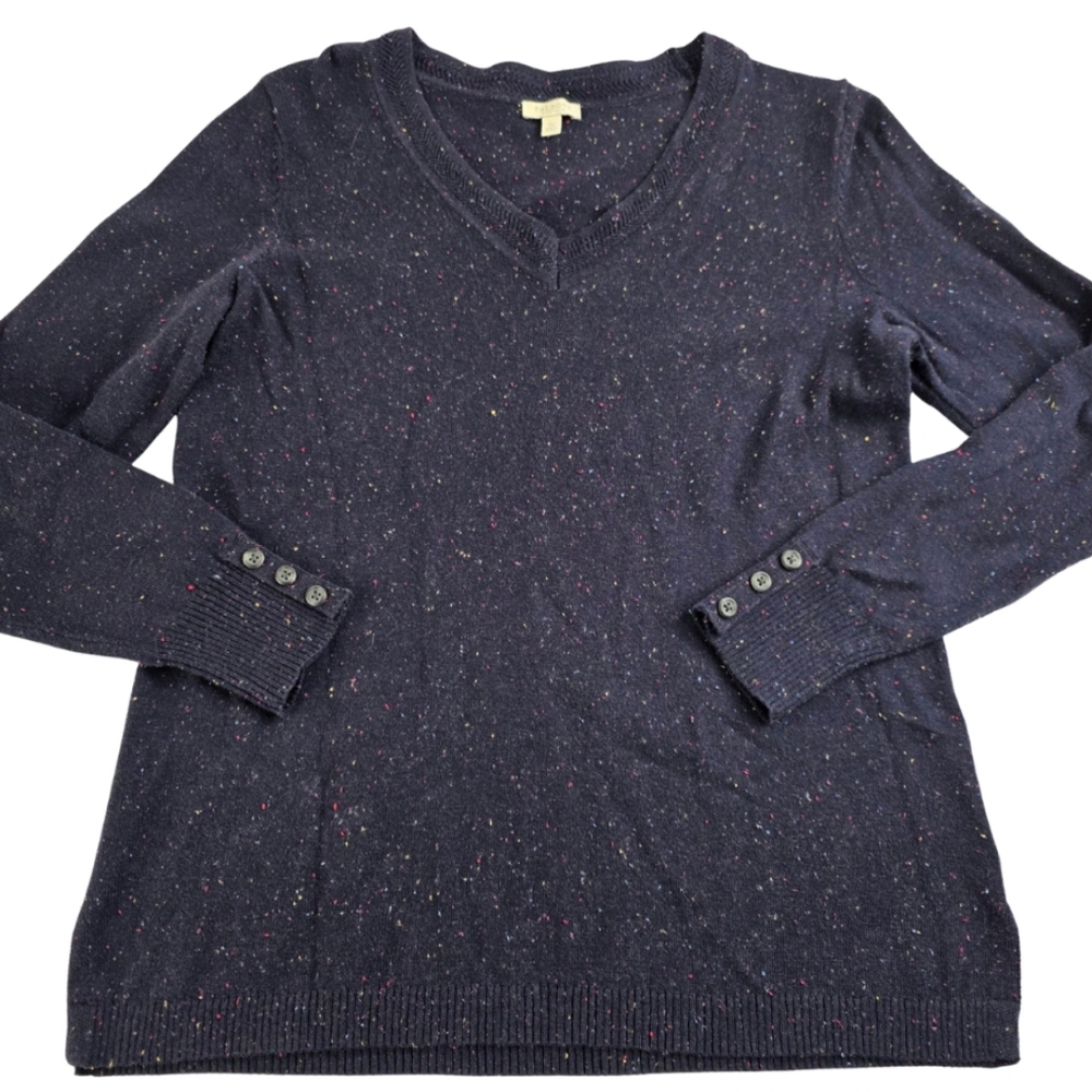 Talbots Navy Blue Speckled Sweater Size 2 Petite Button Sleeve Detail 3295-BD